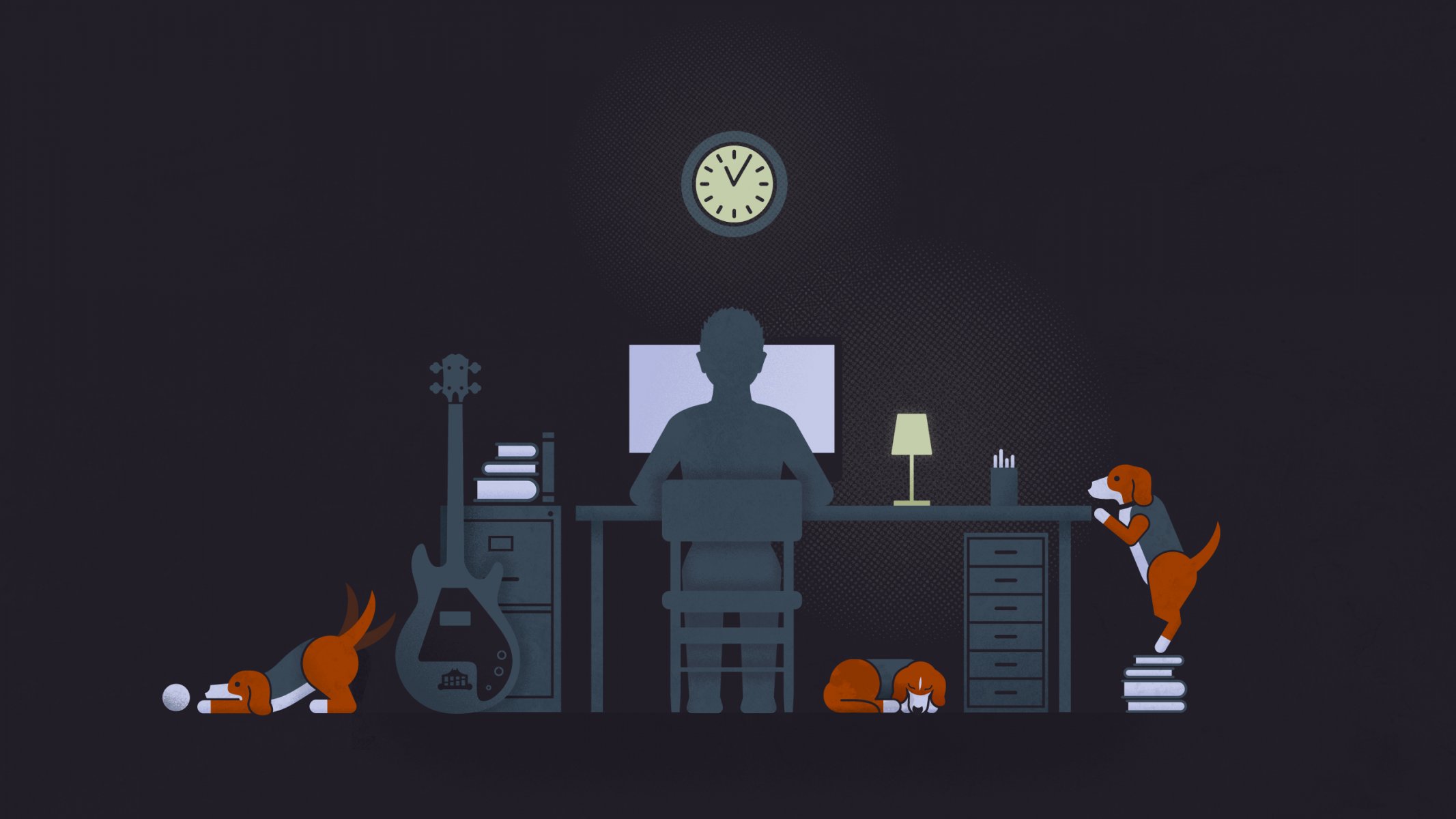 chico guitarra perros escritorio computadora negro ilustración soledad lámparas perros escritorio lámpara reloj