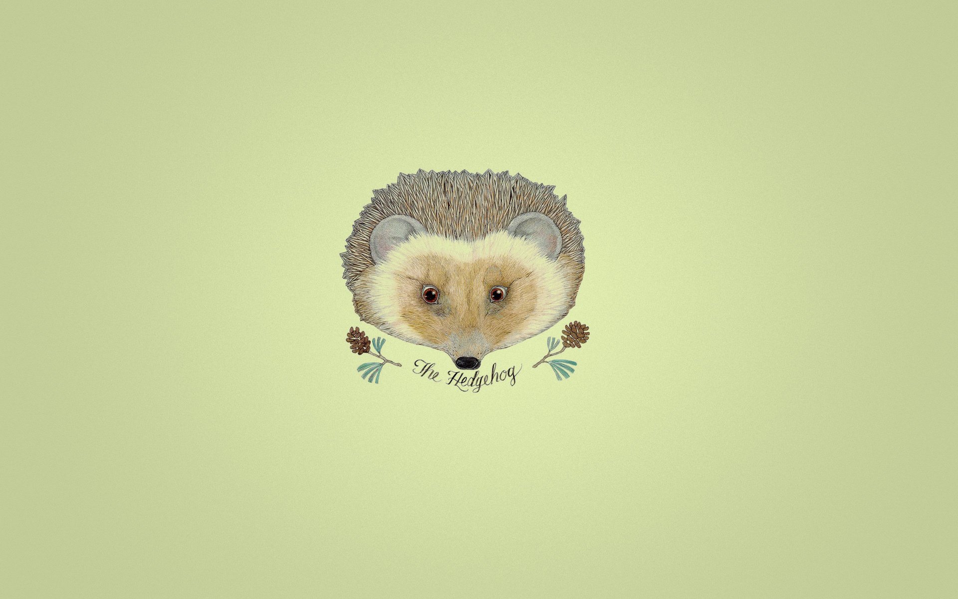 hedgehog hedgehog inscription cones branch yellow background minimalism