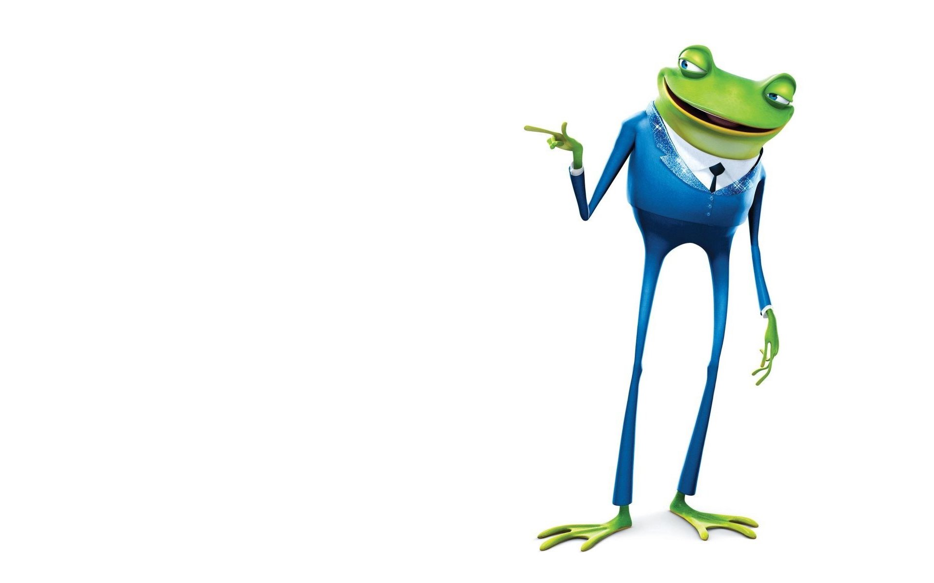 grenouille costume bleu cravate fond blanc geste rendre visite aux robinson minimalisme