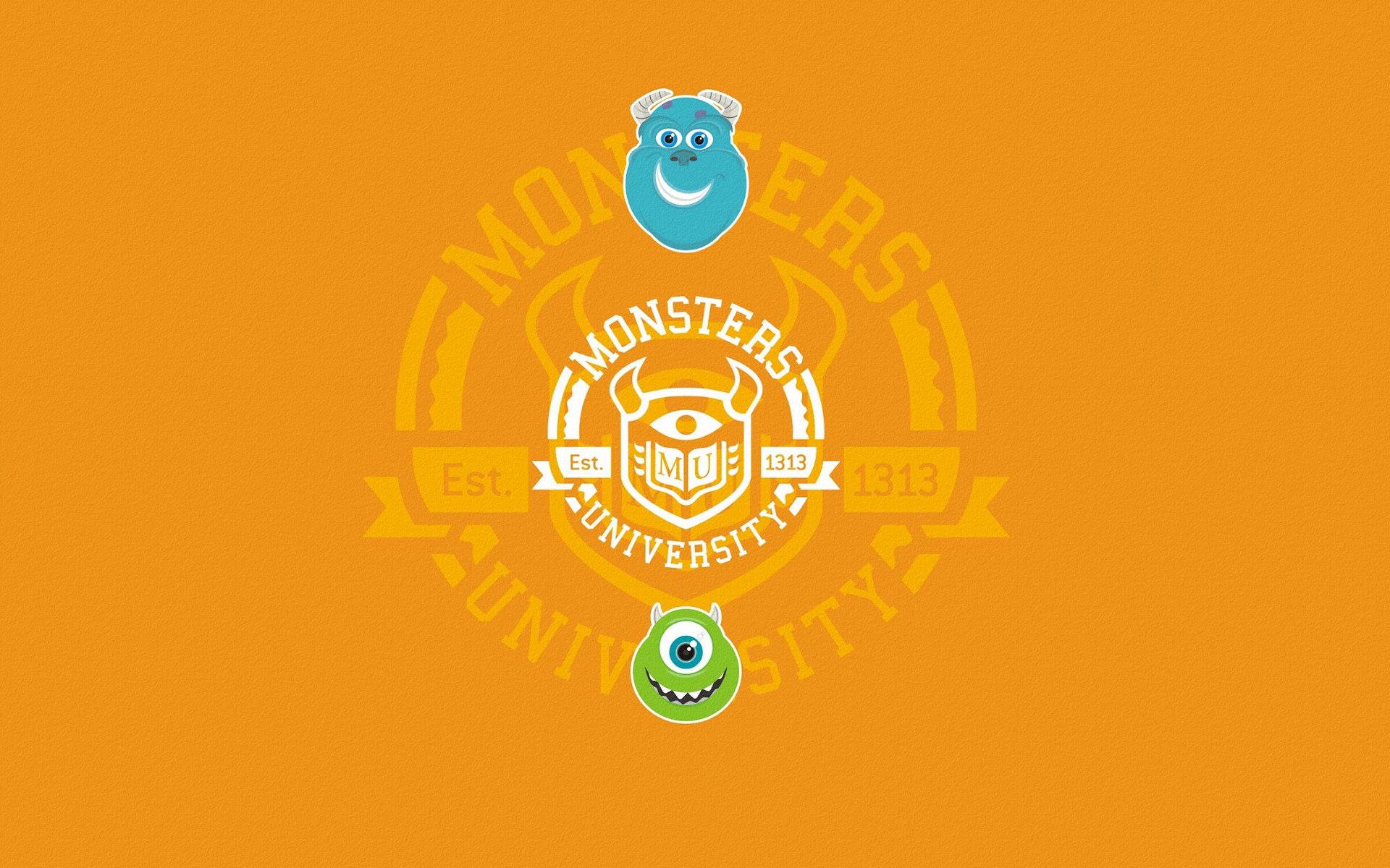 monsters university monsters corporation monsters inc círculo inscripción caras azul verde fondo naranja minimalismo