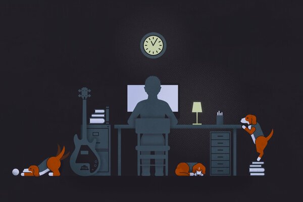 Human guitarist and dog breeder at the computer