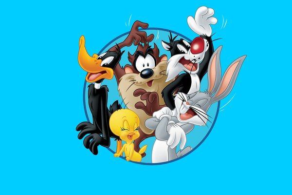 Personnages de dessins animés: canard, chien, chat, lapin, caneton