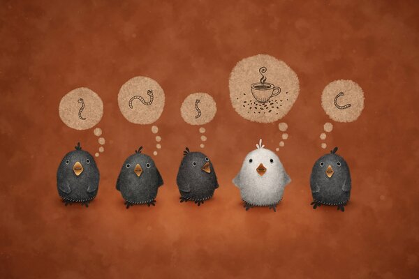 Cinq oiseaux et leurs pensées. Corbeau blanc rêvant de café