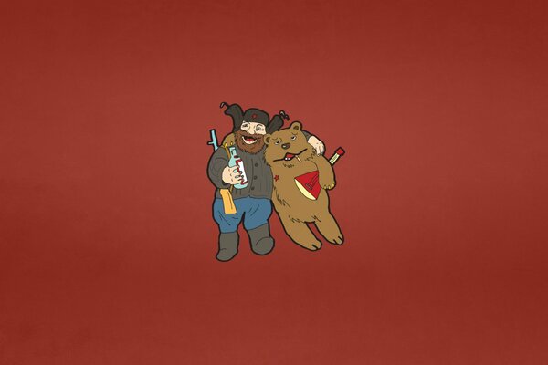 A man in an embrace with a bear on a red background