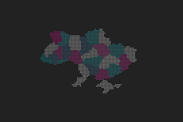 A map of Ukraine made of many small cubes on a black background