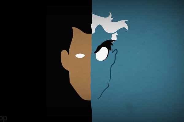Two-faced Harvey Dent in minimalist style on a black and blue background