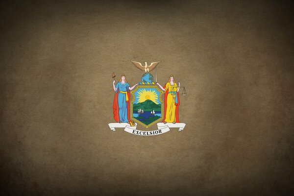 Excelsior coat of arms of the State of New York on a brown background