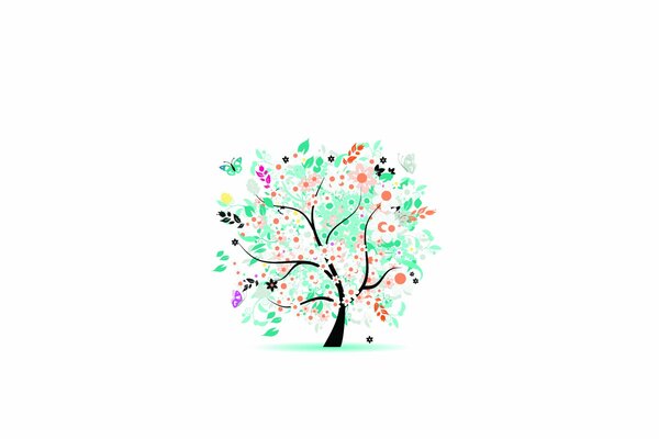 Patrón de árbol con flores y mariposas