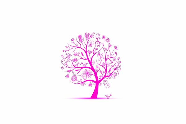 Drawing of a tree in pink with birds