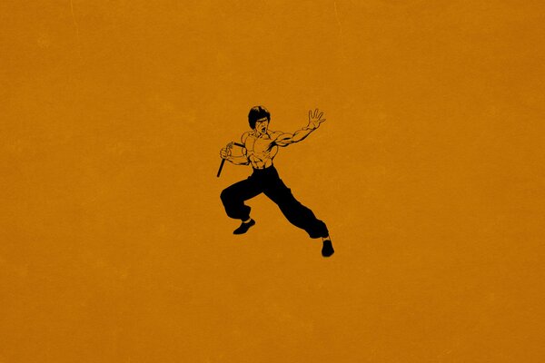 Bruce Lee Kung Fu auf einem orangefarbenen Hintergrund Minimalismus