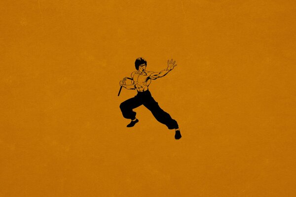Bruce Lee Kung Fu su sfondo arancione minimalismo