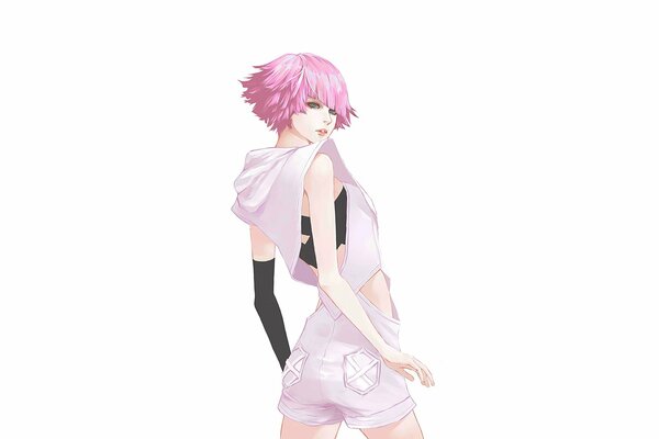 Pink-haired girl in a light jumpsuit