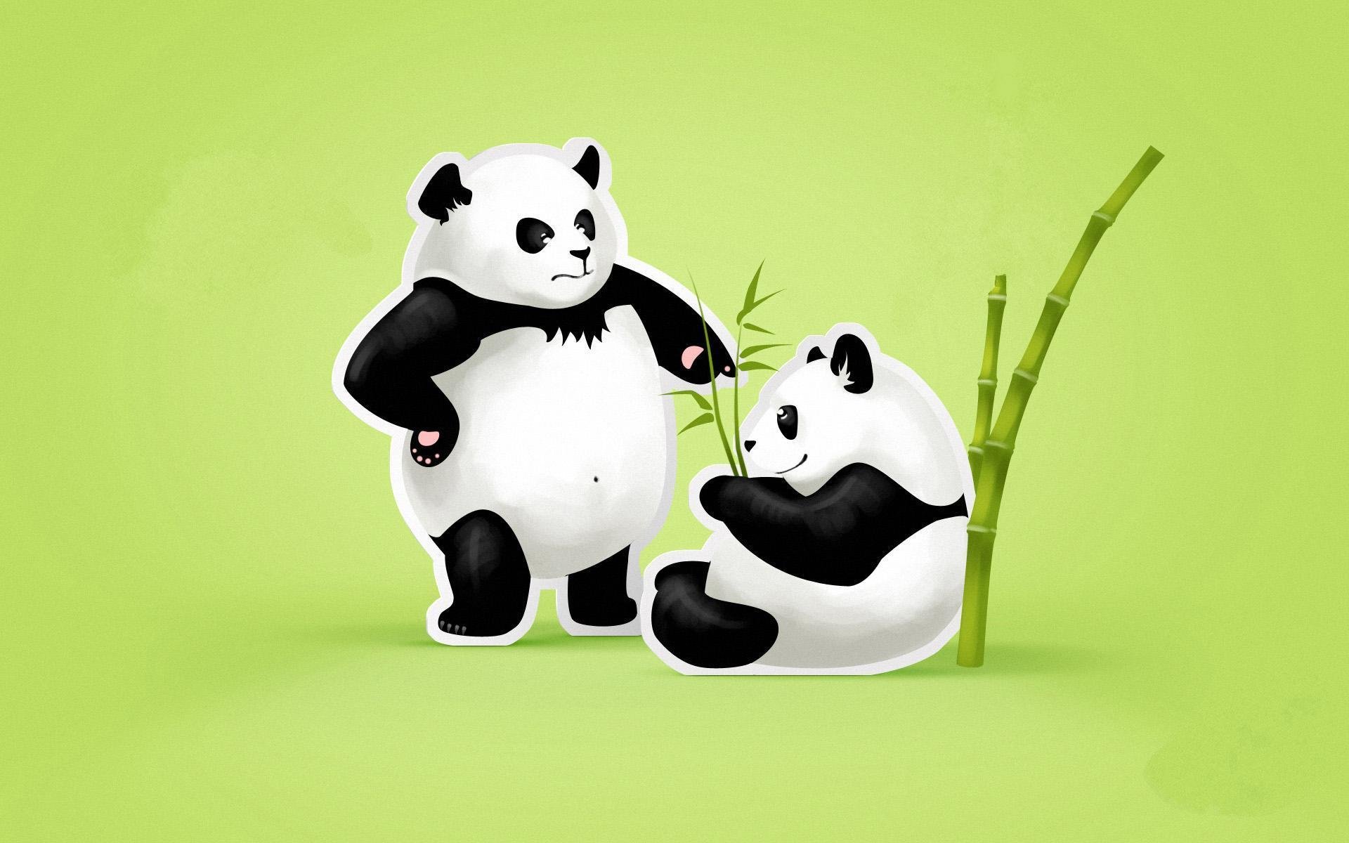 panda coppia bambù foglie sfondo verde