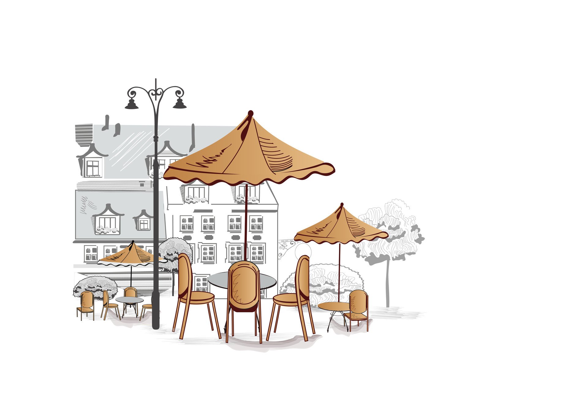 outdoor cafe umbrellas chairs tables house tree window light