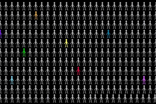 Several colored figures of people among white figures