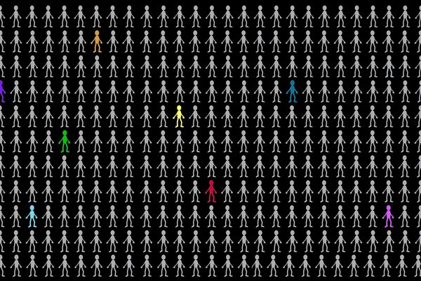 Plusieurs figures colorées de personnes parmi les figures blanches
