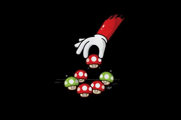 The hand takes the red mushroom