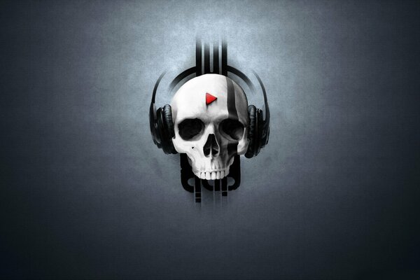 A skull in musical headphones, on a dark background