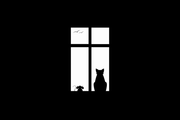 Schwarze Silhouetten von Katze und Maus auf weißem Fensterhintergrund