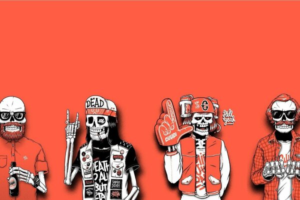 Skeletons rockers on a red background