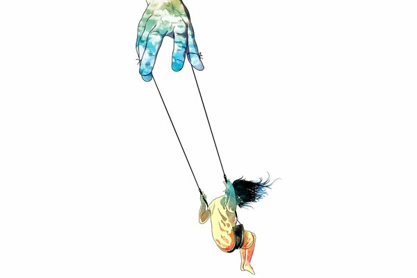 A hand holds a girl on a swing