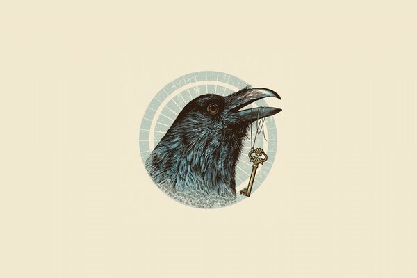 Image minimaliste d un corbeau avec une clé dans son bec