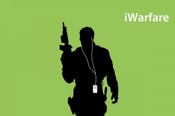 Black silhouette of an armed man with a machine gun with a white player and headphones on a green background