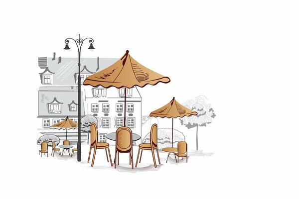 Café de rue confortable, tables sous les parasols