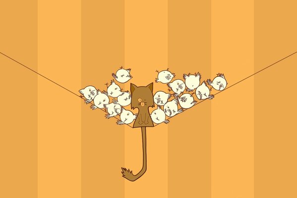 A cat on a string, next to a bunch of birds