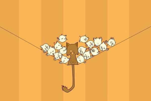 Un chat sur un fil, près d un tas d oiseaux