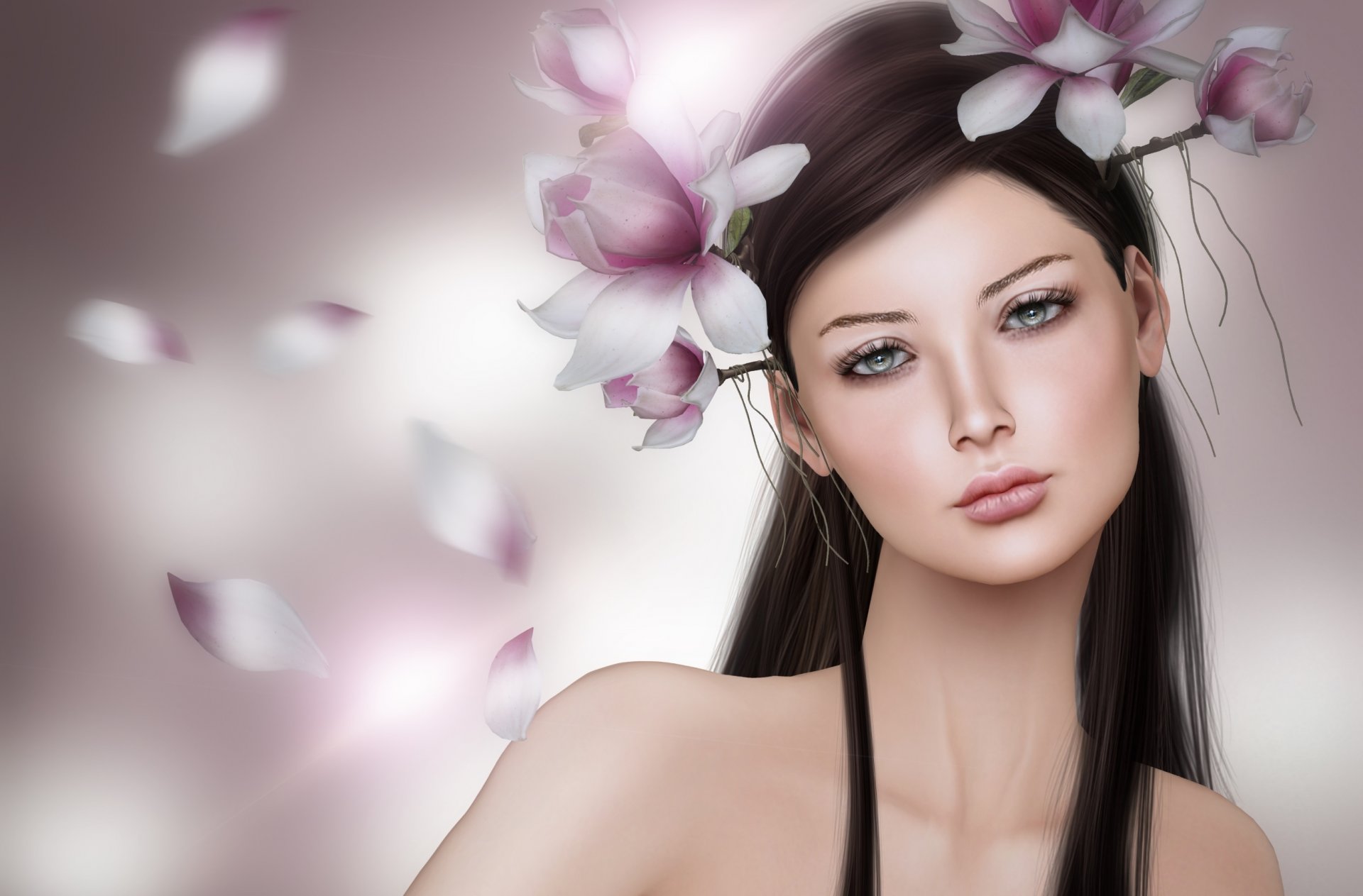 girl portrait brunette magnolia flower wreath