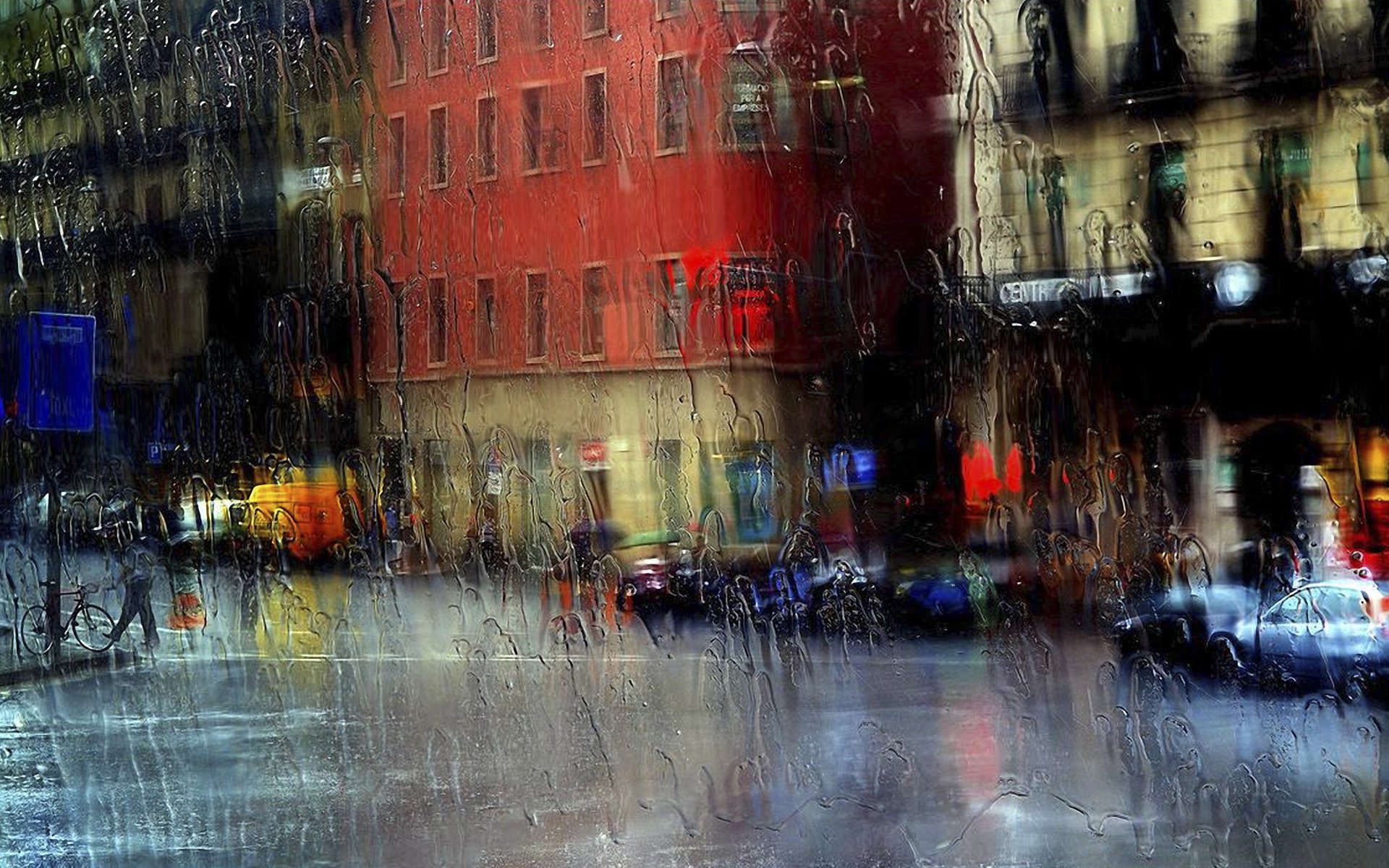 town glass rain street