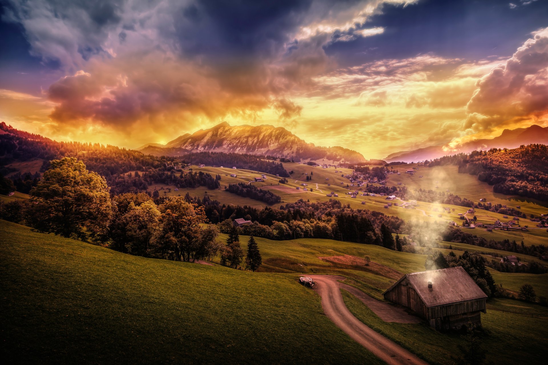 hügel berge haus straße wolken behandlung