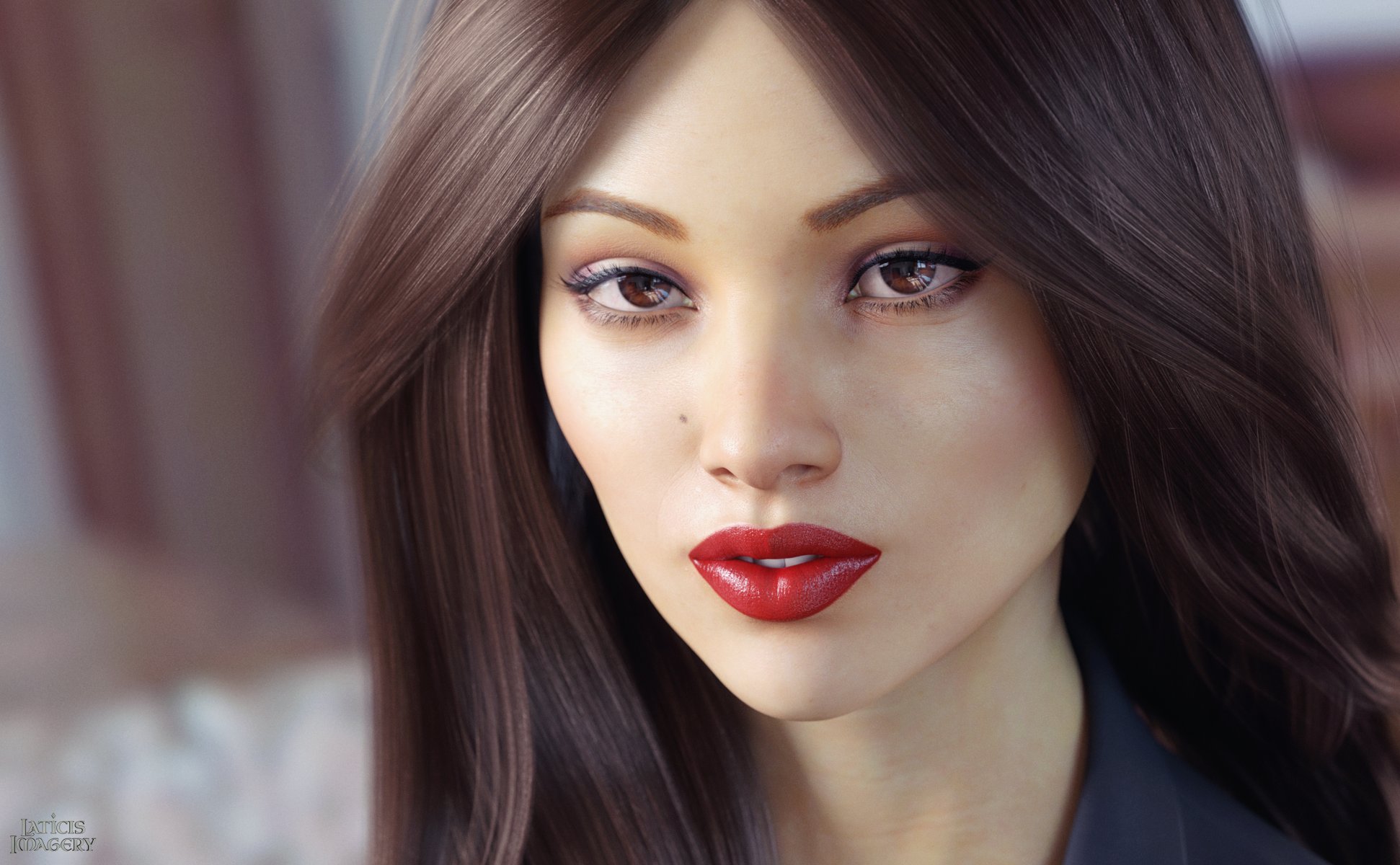 rendering girl face view lipstick brown eyes hair