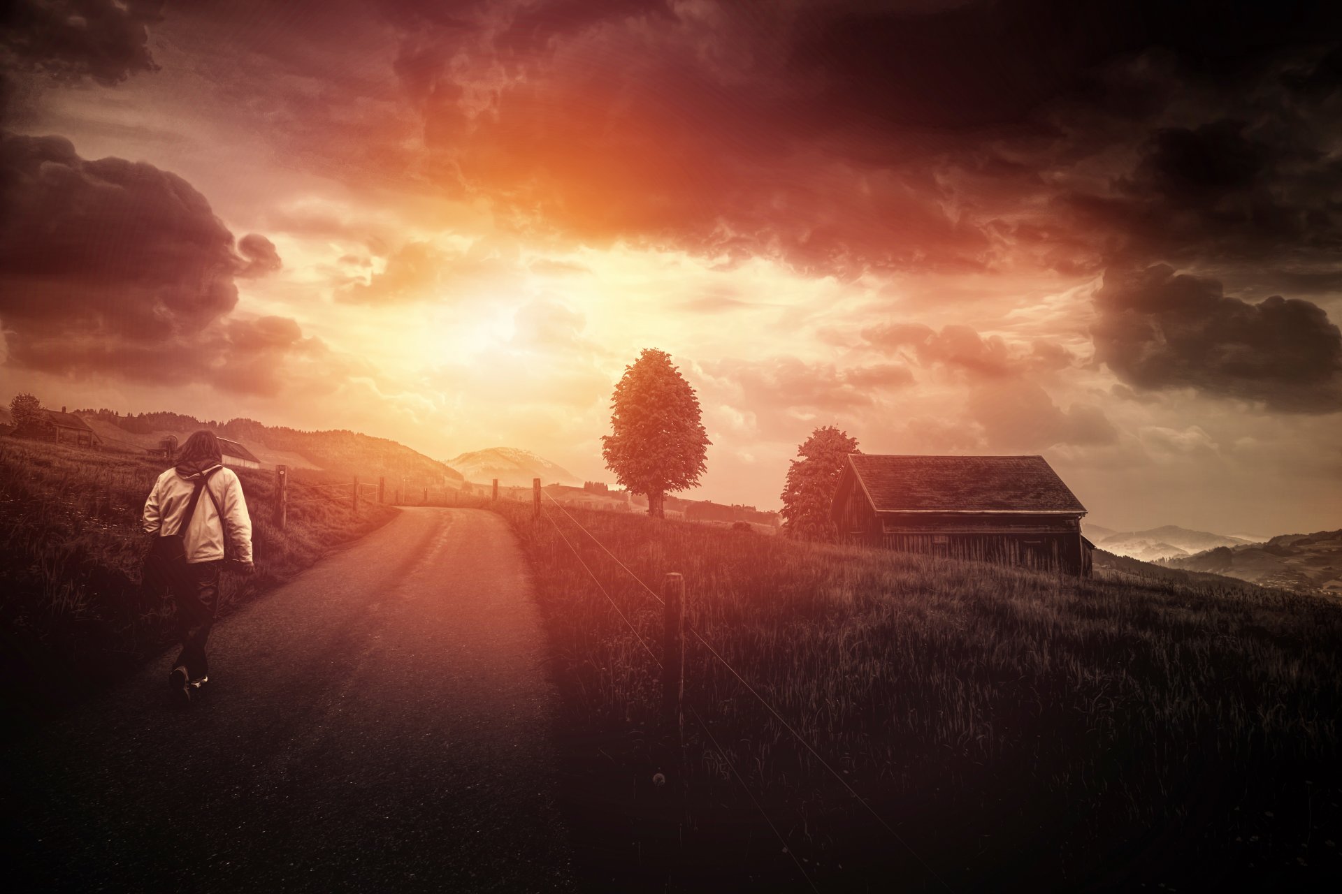 hier kommt die sonne die straße der baum die wolken