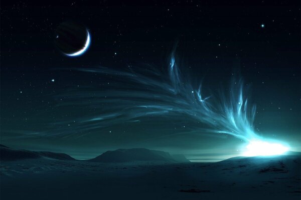 View of the Northern lights and the moon