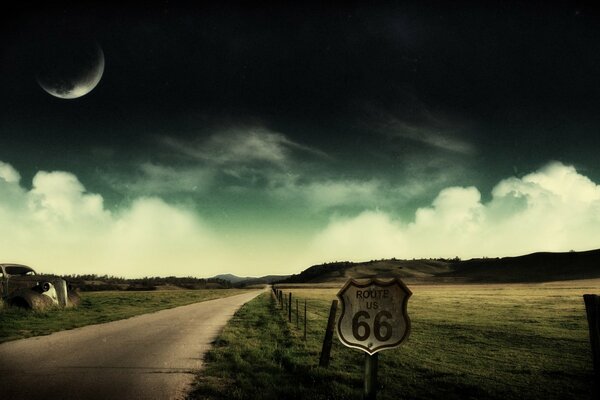 A deserted road with clouds and the moon