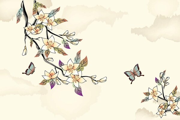 Art drawing Japan butterflies and flowers