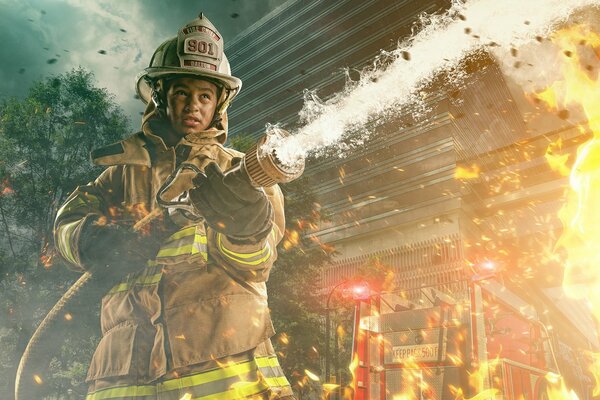 A firefighter extinguishes a fire. Flashes of fire