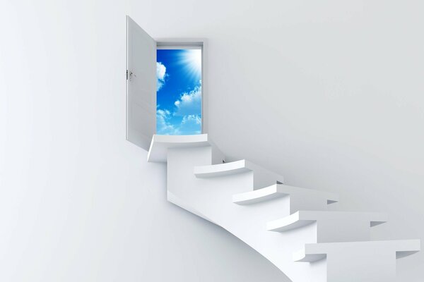 Белая лестница с дверью, ведущая в небо