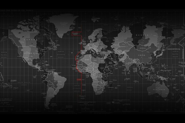 Black and white map where time zones are indicated