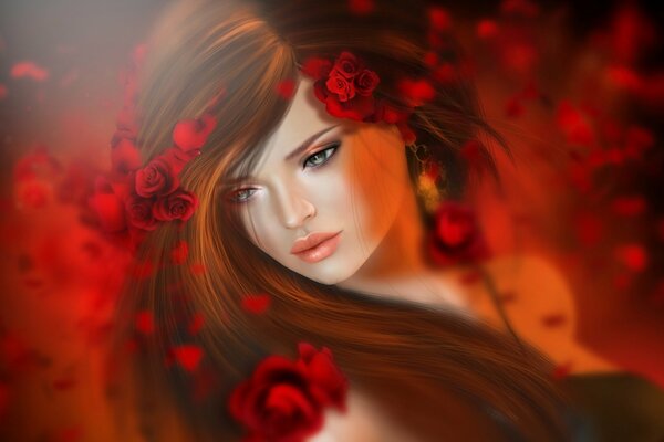 Une jeune fille brune avec des roses dans les cheveux