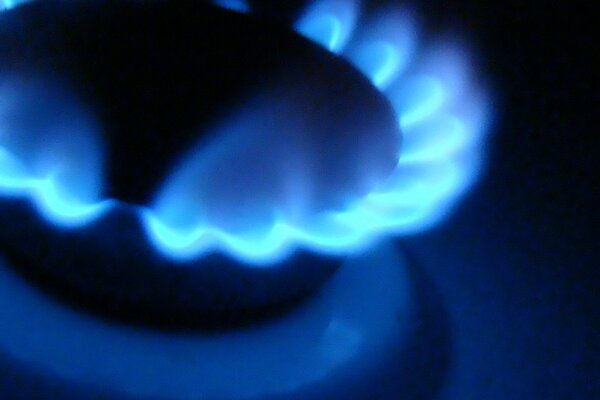 The gas burns on the stove with a blue flame