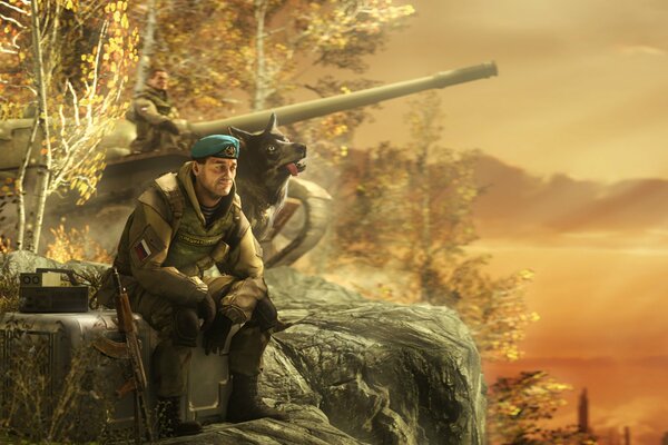 Солдат и волк на скале рядом с танком