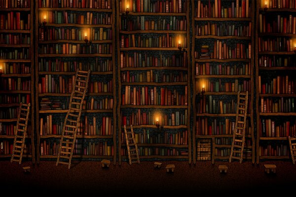 Cozy library with ladders and flashlights