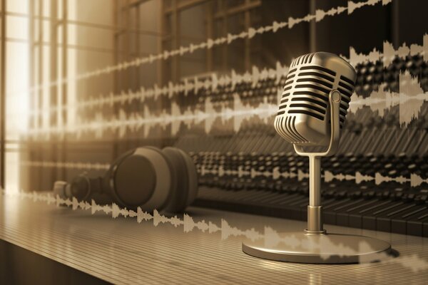 Microphone with headphones in the recording studio