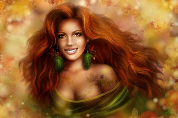 Dziewczyna z rudymi włosami uśmiecha się jesienią
