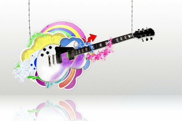 Pesa una guitarra con dibujos multicolores alrededor, reflejando el Suelo blanco