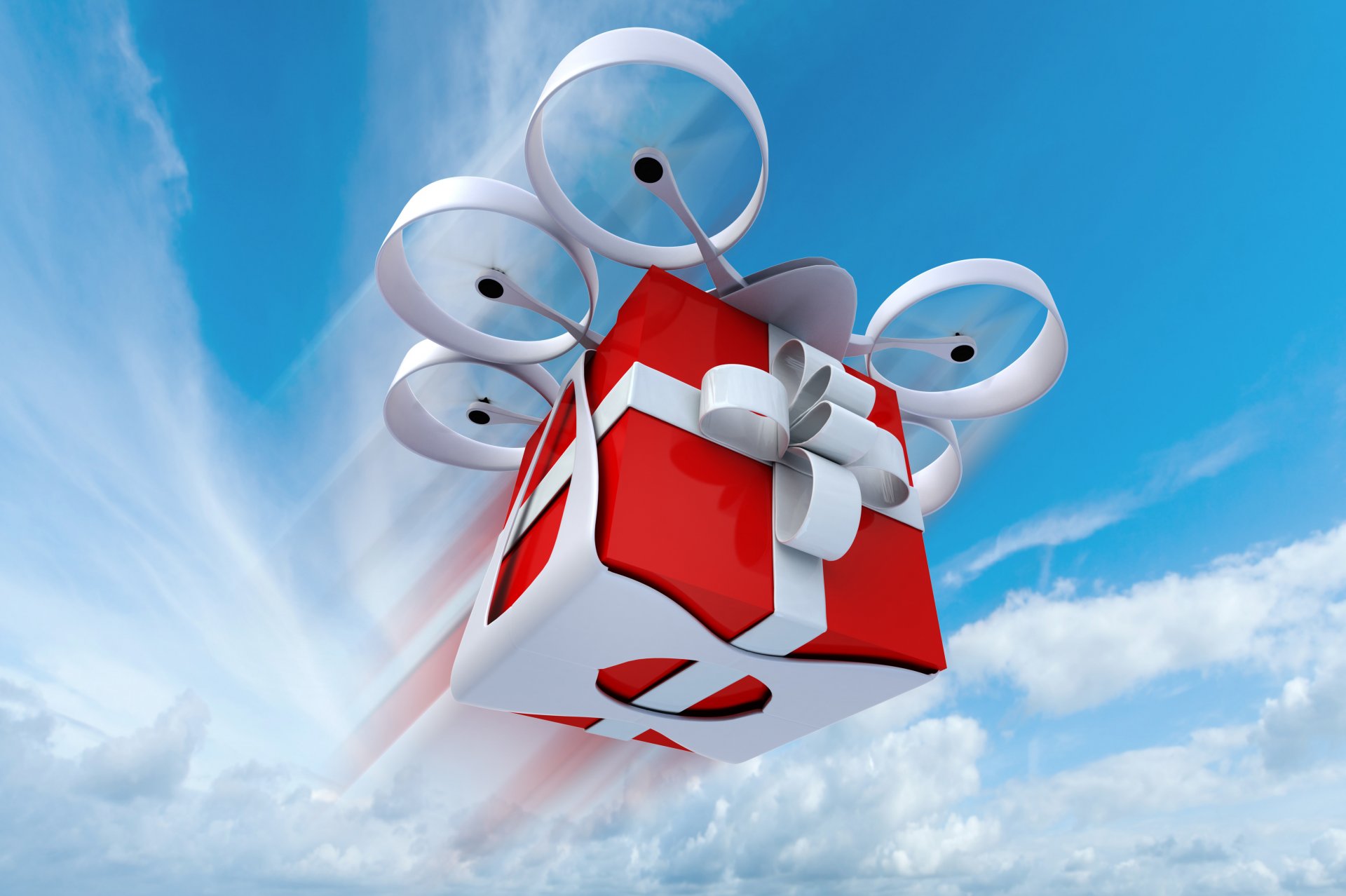 art technology helicopter six lifting propellers flight vertical takeoff clouds delivery box red white bow gift abstraction 3d wallpaper