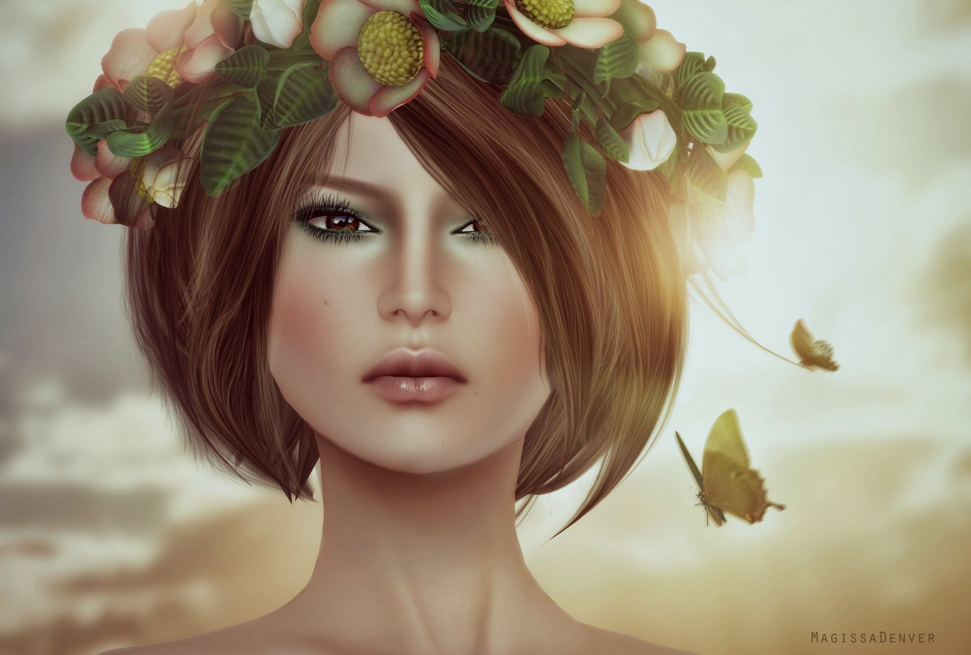 girl portrait face haircut wreath brunette butterfly